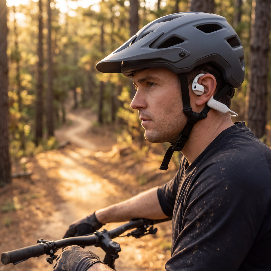 Mountain biker wearing POV One on a forest trail